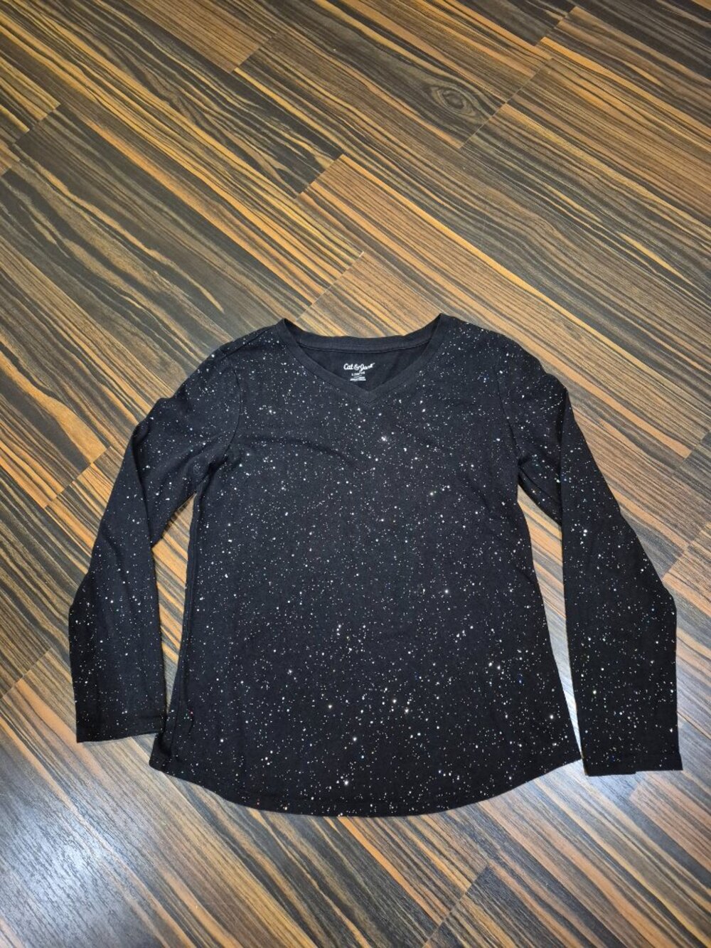 Cat & Jack Black Long Sleeve V-Neck Top with Multicolor Sparkles